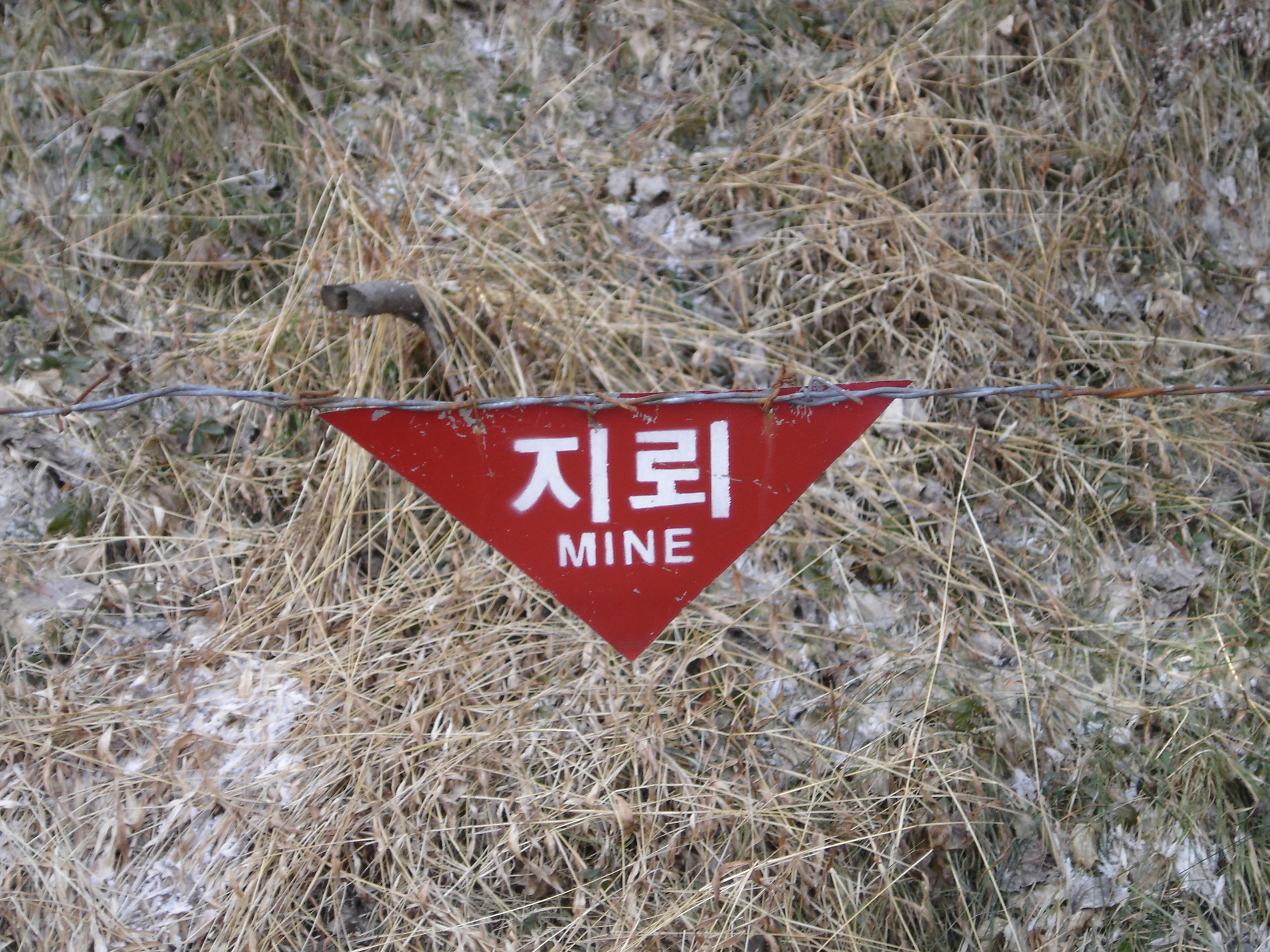 A red triangular warning sign reads 지뢰 and MINE.