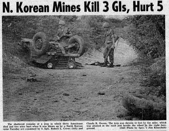 Stars and Stripes headline: N. Korean Mines Kill 3 GIs, Hurt 5.